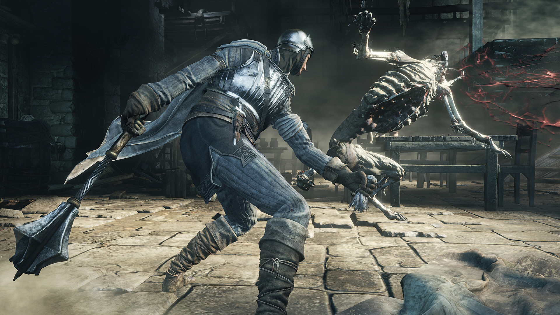 In Dark Souls 3, an armored fighter with a mace takes on an skeletal enemy