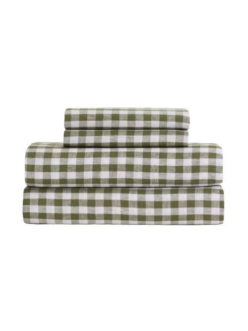 European Linen Stripe Sheet Set in Olive Gingham