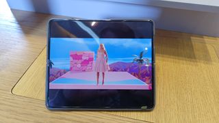 Samsung Galaxy Z Fold 5 in unfolded mode with the Barbie movie trailer