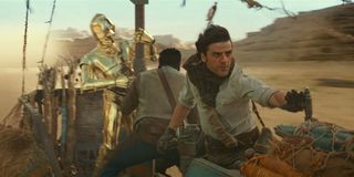 Poe Dameron, Finn and C-3PO riding speeder in The Rise of Skywalker