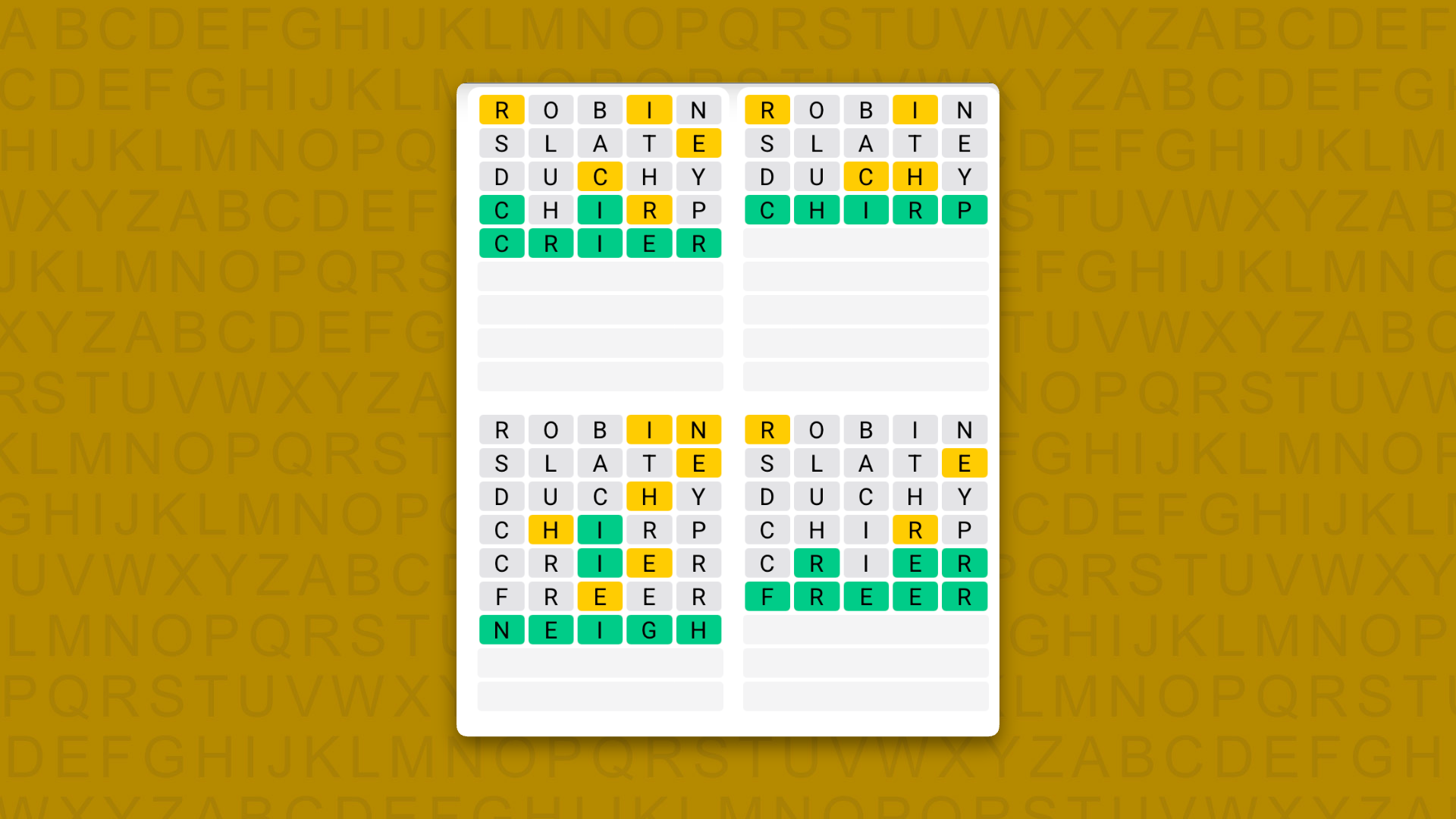 Quordle answers for game 1697 on a yellow background