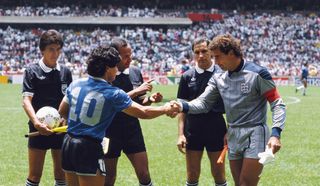 Captains Diego Maradona and Peter Shilton shake hands before Argentina vs England in the 1986 World Cup in Mexico.