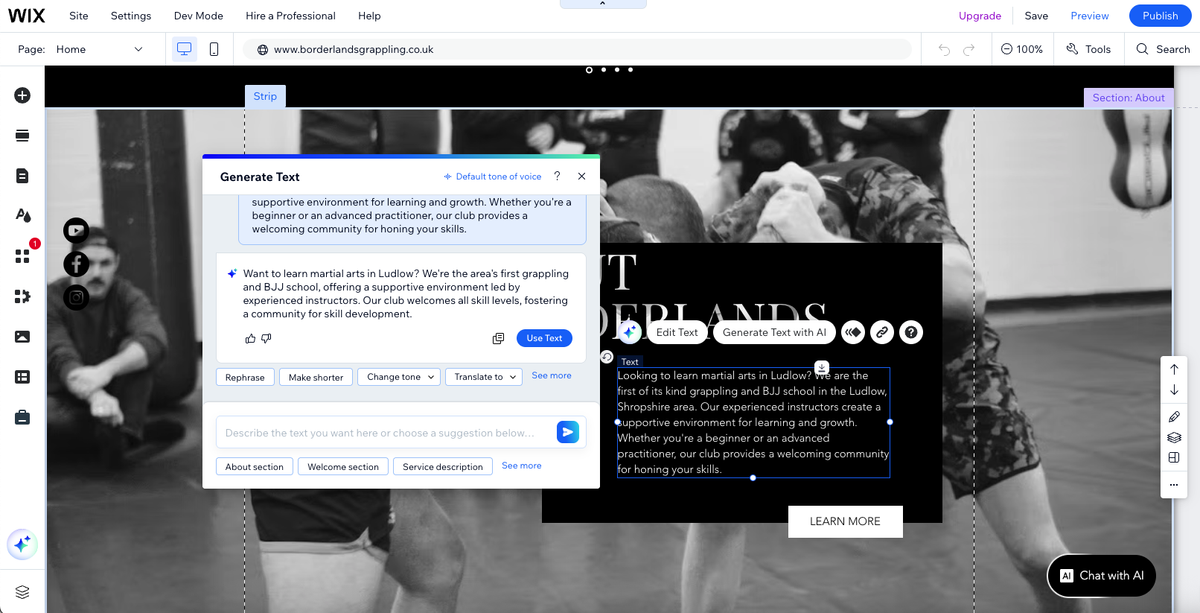 Screenshot of Wix Ai writer being used on borderlands grappling website