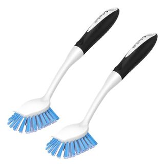 White Dish Brush With black Handle and blue bristles. Two shown here on white background