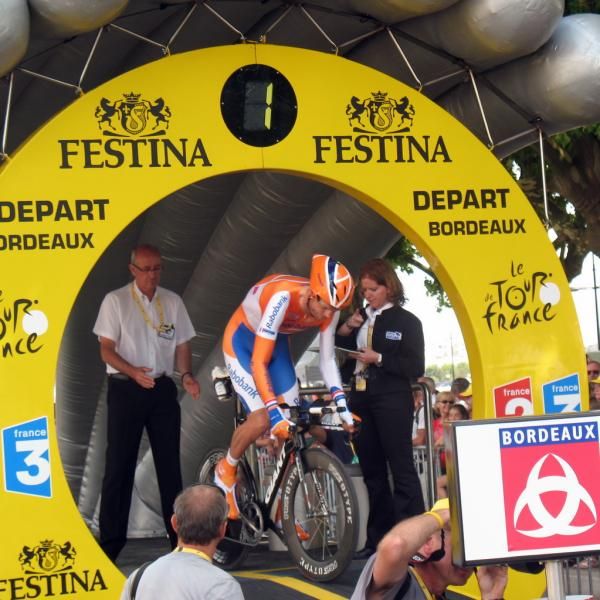 A Rabobank rider begins his time trial