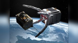 Illustration of an Orbit Fab spacecraft grabbing space junk in orbit. The company also aims to refuel defunct satellites in space, giving them fresh life.