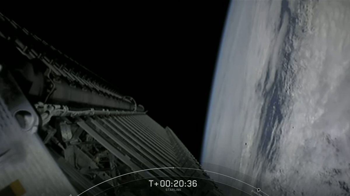 The 58 Starlink satellites on SpaceX's Starlink 8 mission (actually the ninth over all) are seen in their stacked configuration just before payload deployment, which occurred 26 minutes after their launch on June 13, 2020.
