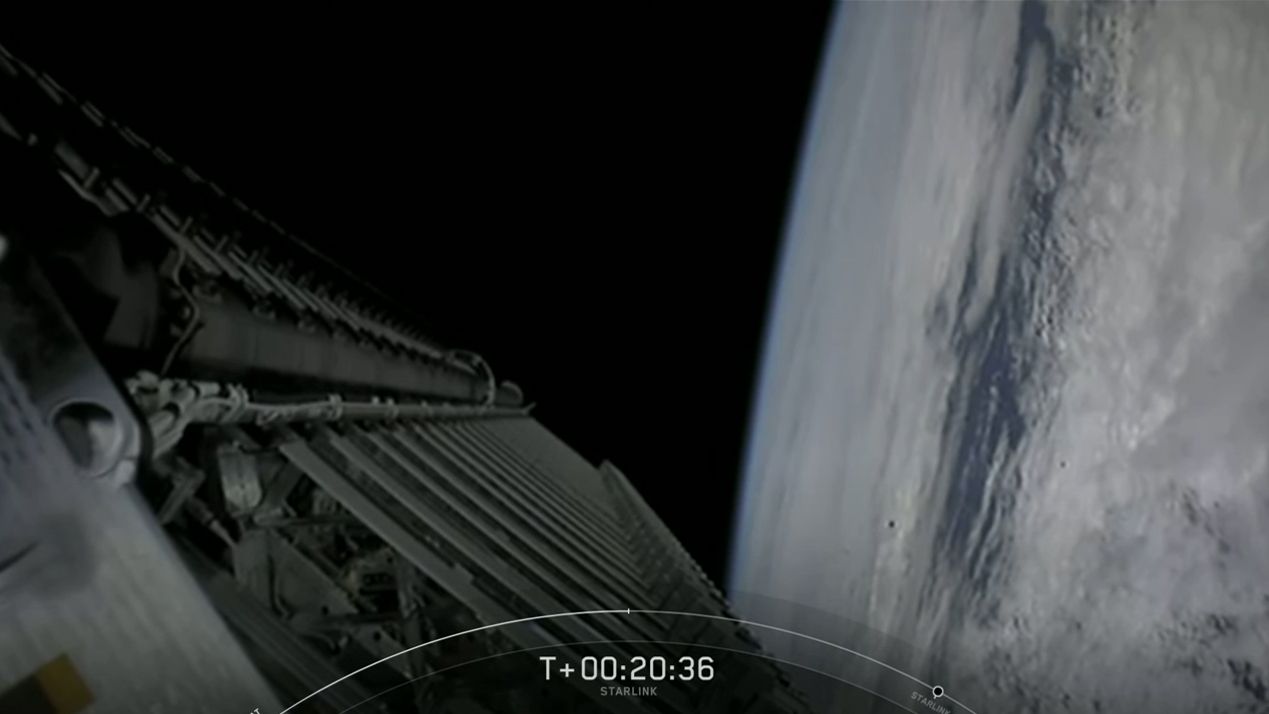 The 58 Starlink satellites on SpaceX's Starlink 8 mission (actually the ninth over all) are seen in their stacked configuration just before payload deployment, which occurred 26 minutes after their launch on June 13, 2020.