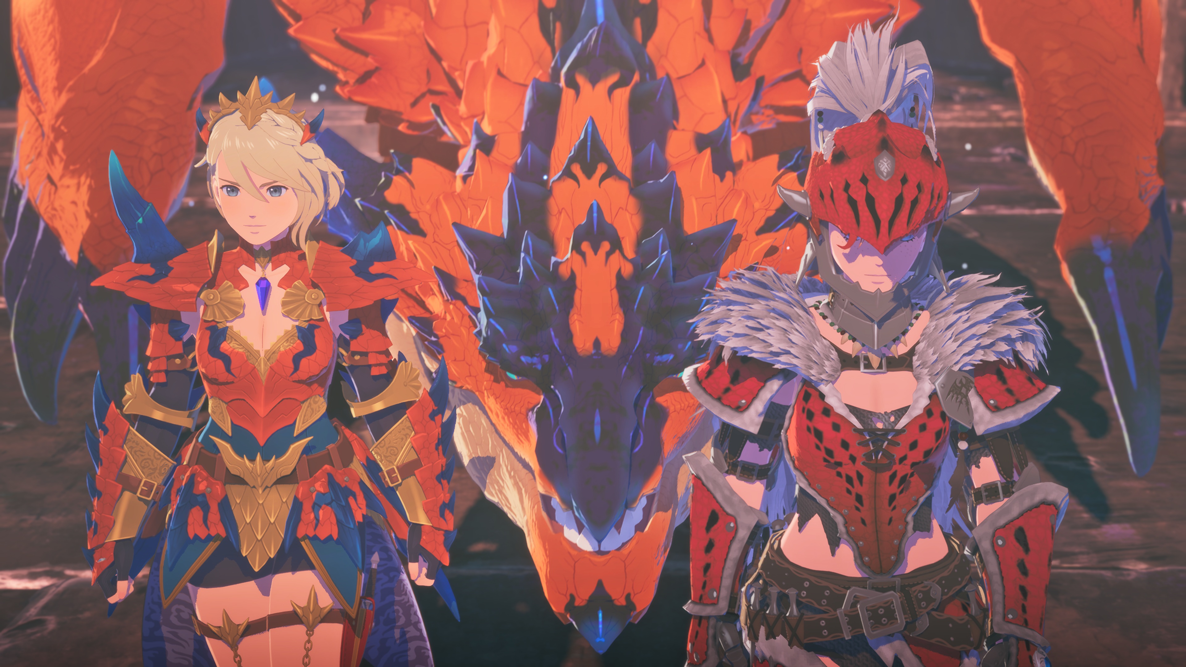 Promotional screenshot of Ratha, Eleanor, and the Princess of Azuria in Monster Hunter Stories 3: Twisted Reflection.