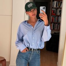 Button-up shirt and baseball hat outfit