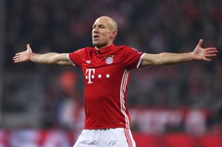 Arjen Robben celebrates after scoring a trademark goal for Bayern Munich against Arsenal in February 2017.