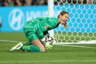 Goalkeeper Mary Earps of England gestures after saving during the FIFA Women's World Cup Australia & New Zealand 2023 Final match between Spain and England at Stadium Australia on August 20, 2023 in Sydney, Australia.