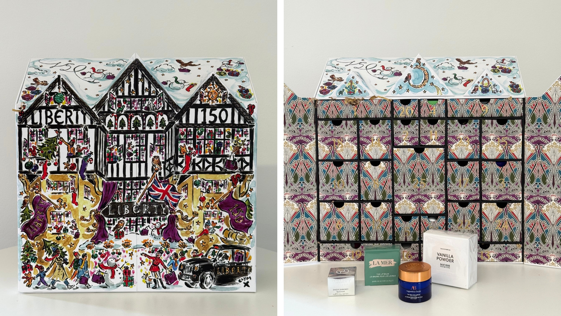 On the left, image of the Liberty Beauty Advent Calendar 2025 closed, on the right, the calendar open with a few of the contents at the front from La Mer, Trinny London, Augustinus Bader and Matiere Premiere