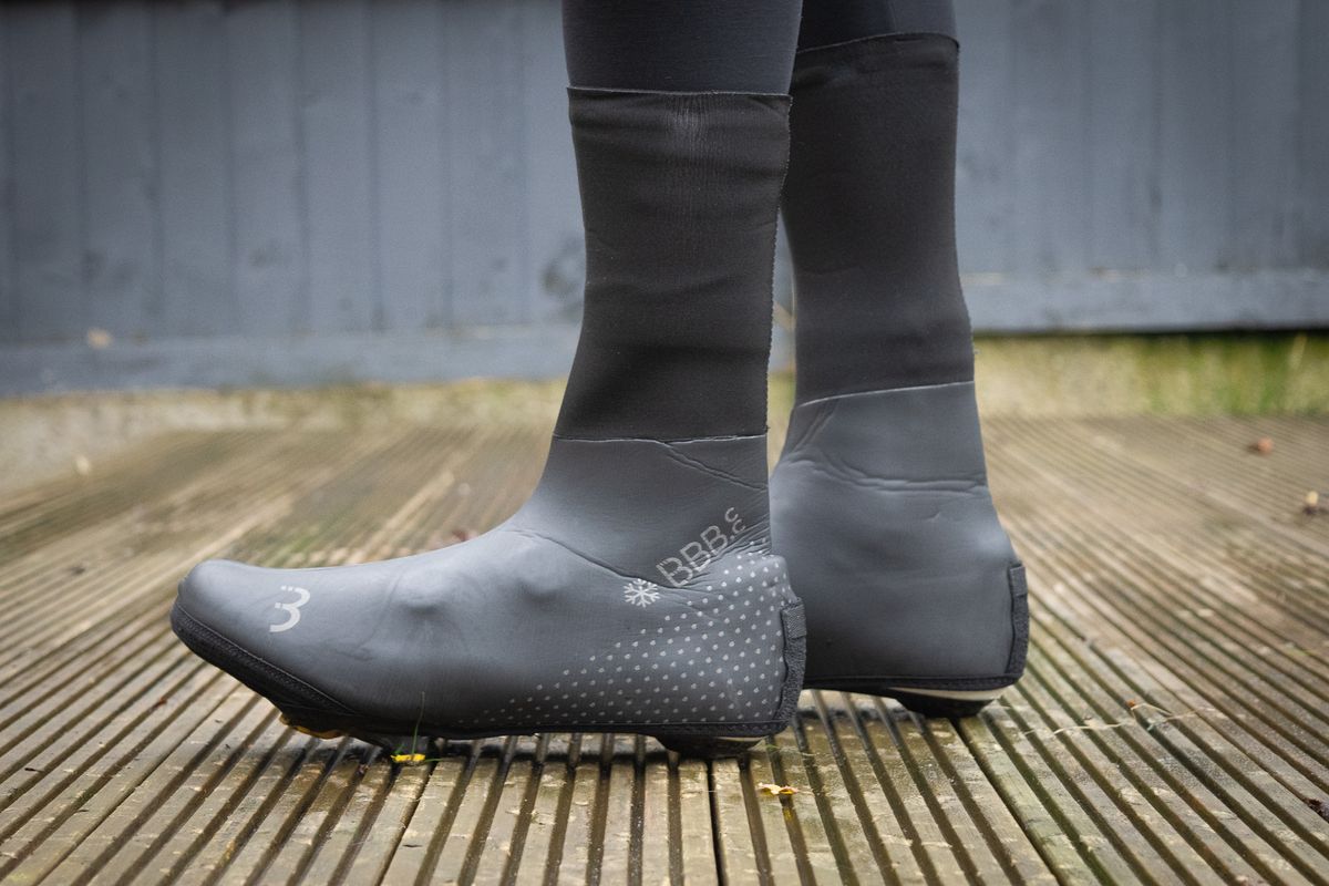 A rider wearing BBB Ultrawear winter overshoes