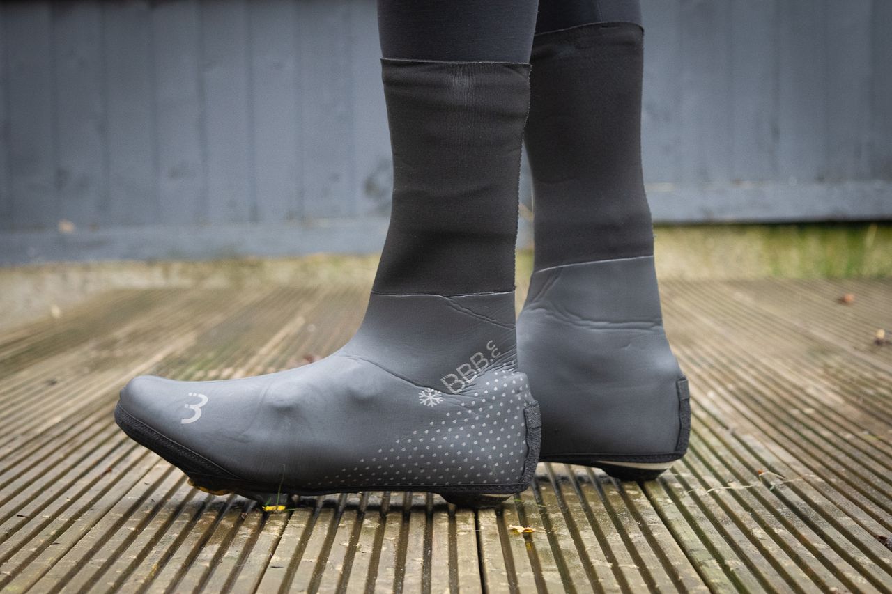 A rider wearing BBB Ultrawear winter overshoes