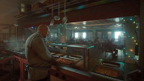 A cheff cooking in a kitchen with fairy lights in the background