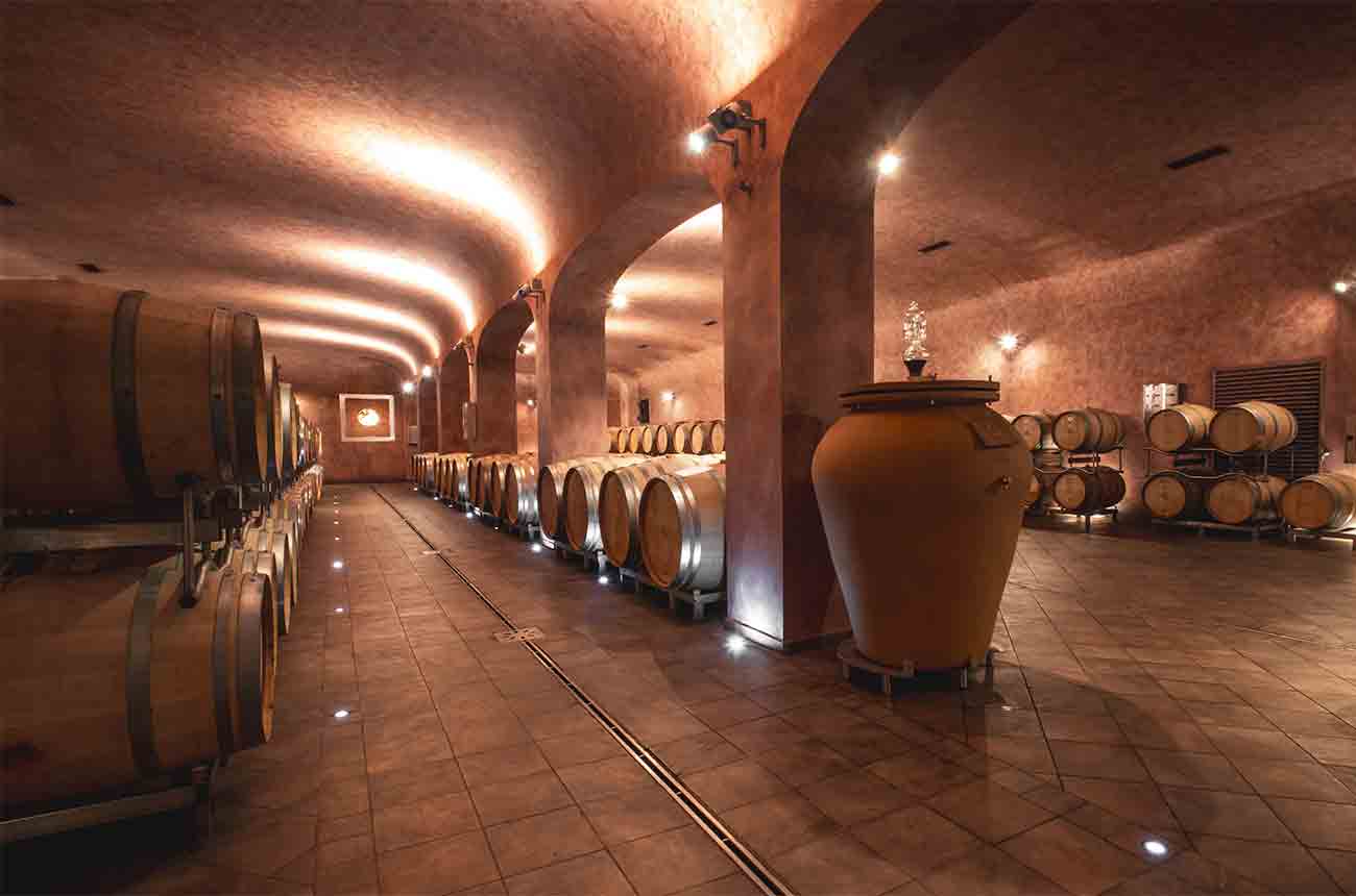The cellar at Campo alla Sughera winery in Bolgheri DOC, Tuscany, Italy