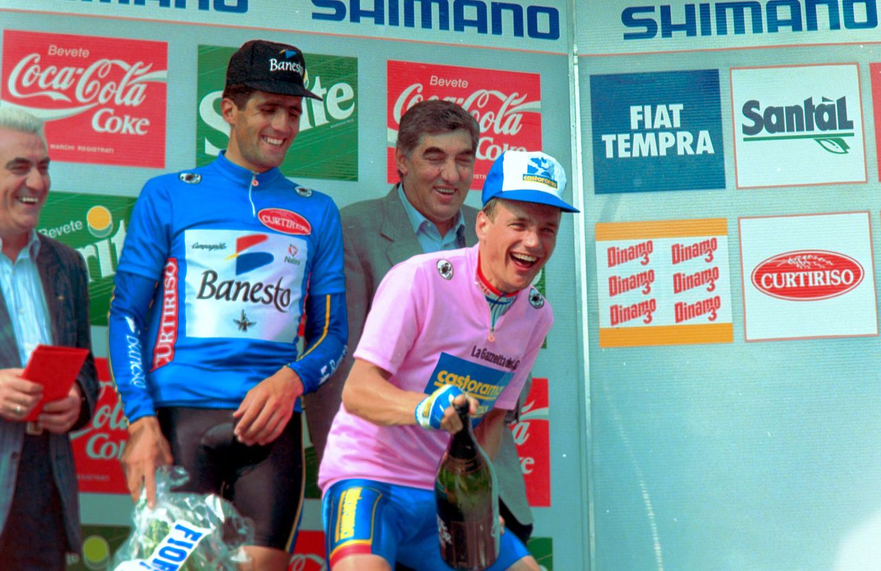 Miguel Indurain watches on as Thierry Marie celebrates victory in 1992