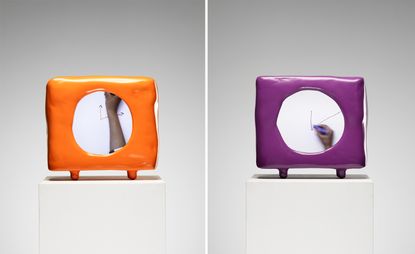Hand drawing clock hands, in orange and purple frames, Maarten Baas Play Time exhibition