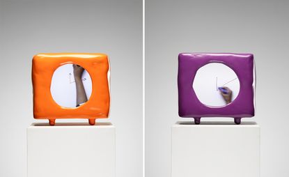 Hand drawing clock hands, in orange and purple clocks, Maarten Baas Play Time exhibition