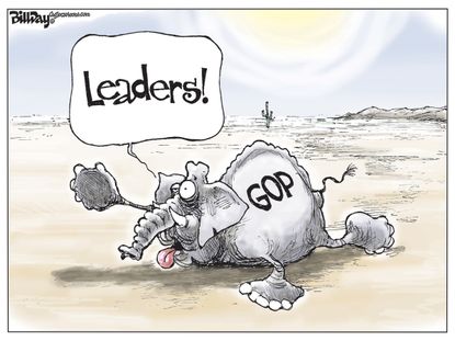 Political cartoon U.S. Parched Party GOP elephant desert
