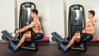 Man demonstrates two positions of the cable row exercise