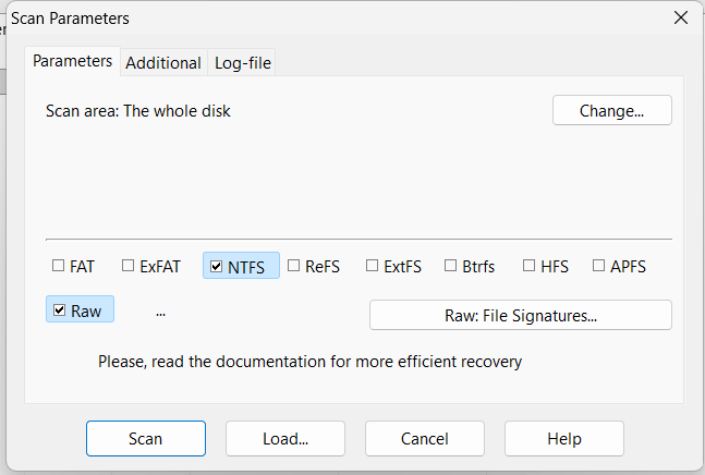 DMDE allows customizing scanning parameters