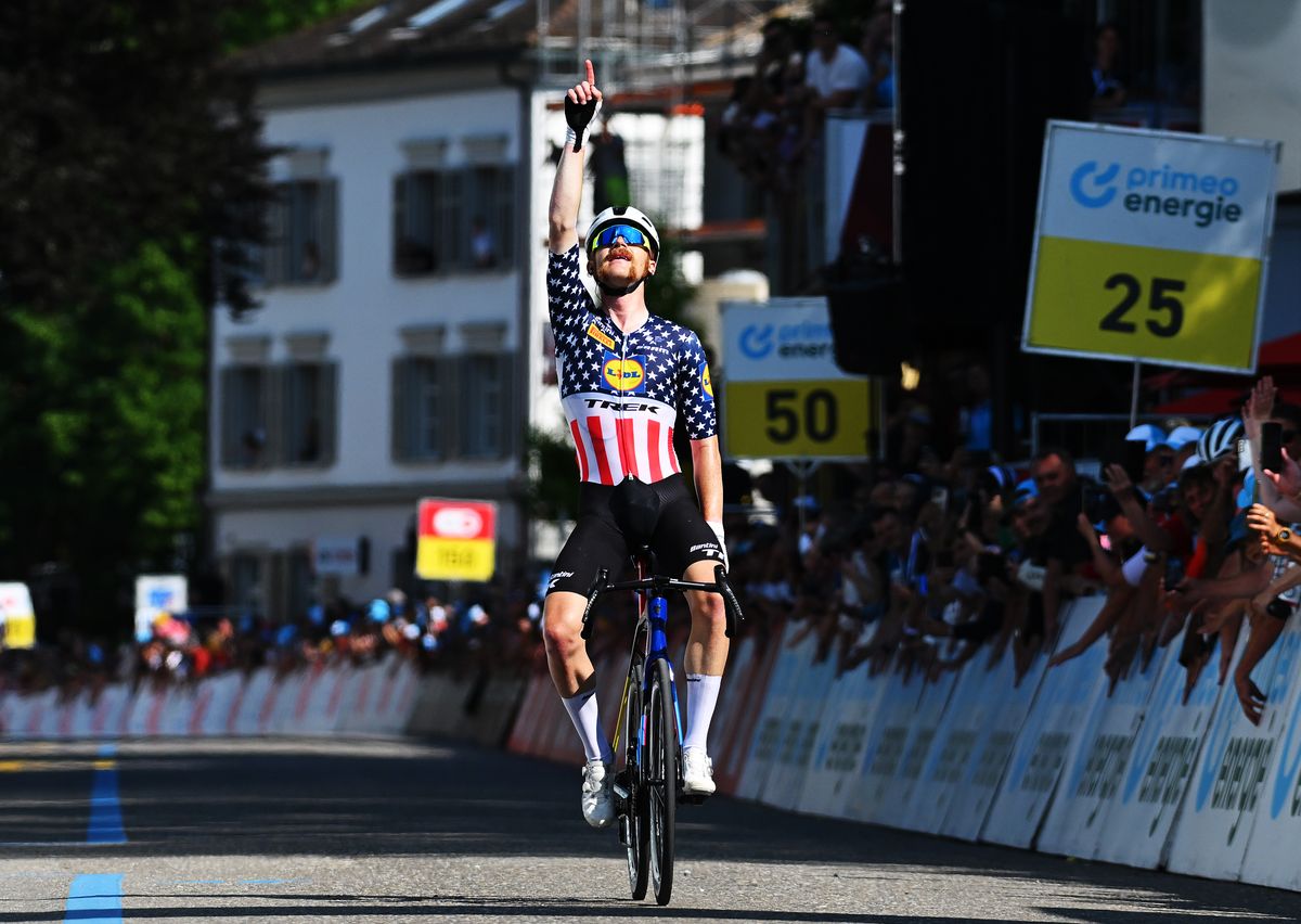 HEIDEN, SWITZERLAND - JUNE 17: Quinn Simmons of United States and Team Lidl - Trek celebrates at finish line as stage winner during the 88th Tour de Suisse, Stage 3 a 195.6km stage from Aarau to Heiden 809m / #UCIWT / on June 17, 2025 in Heiden, Switzerland. (Photo by Tim de Waele/Getty Images)