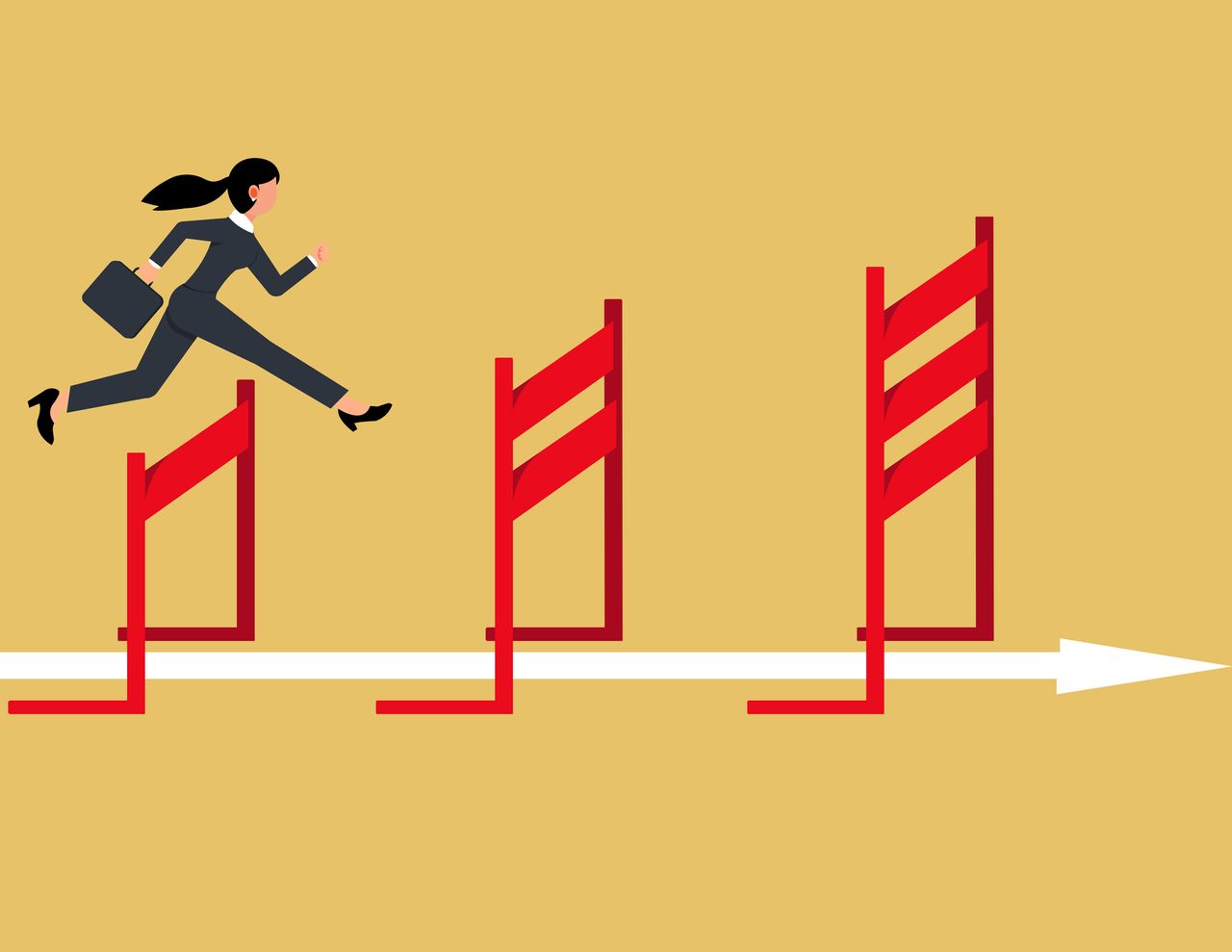 businesswoman in black pantsuit jumping over red hurdles