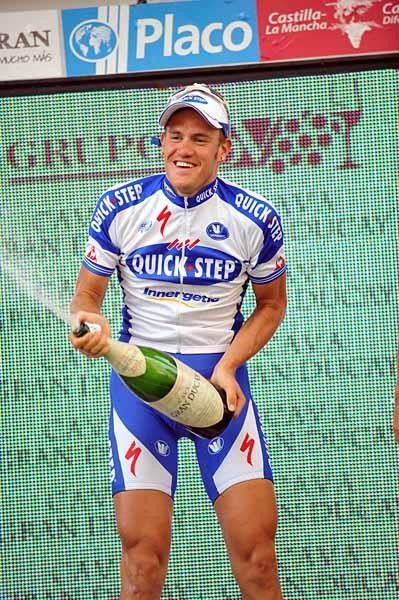 Wouter Weylandt (Quick Step) pops the cap on a fine win.