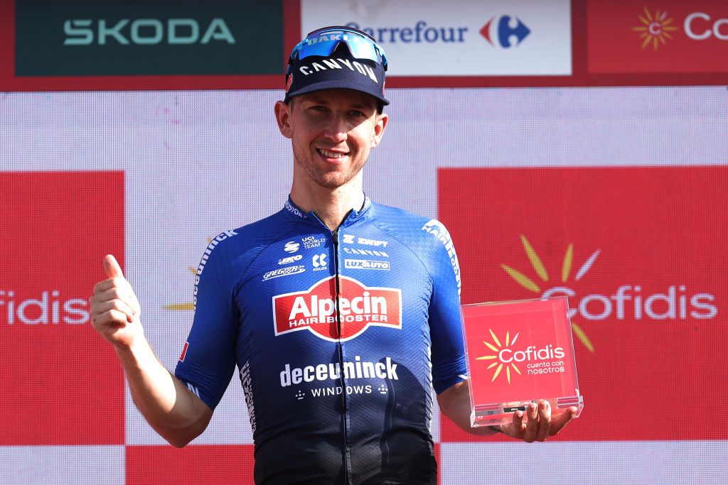 BURRIANA SPAIN AUGUST 30 Kaden Groves of Australia and Team AlpecinDeceuninck celebrates at podium as stage winner during the 78th Tour of Spain 2023 Stage 5 a 1846km stage from Burriana to Burriana UCIWT on August 30 2023 in Morella Spain Photo by Alexander HassensteinGetty Images