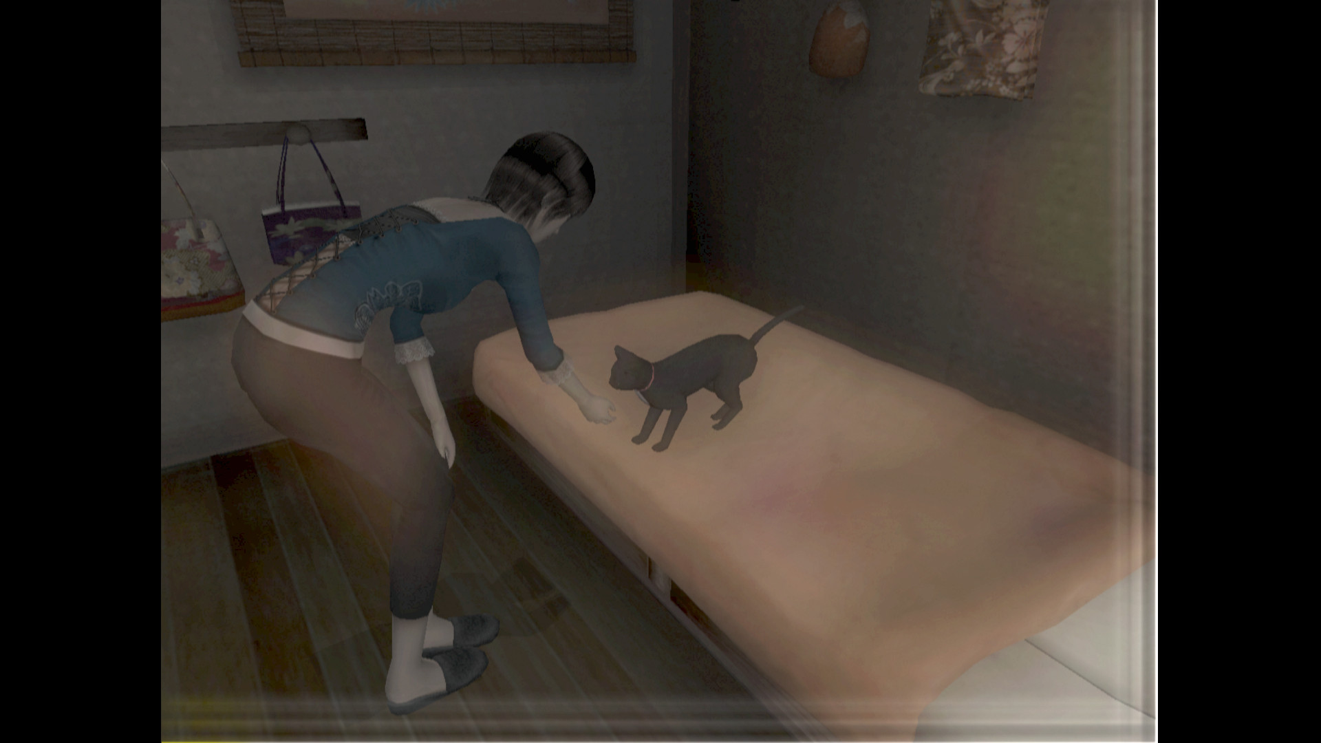 A cat plays on a bed in Fatal Frame 3 (AKA Project Zero 3)