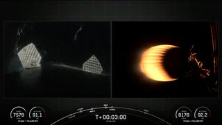 two frames showing a spacex falcon 9 rocket's first stage heading down toward earth at night and the upper stage's single engine burning orange while powering its way to orbit.
