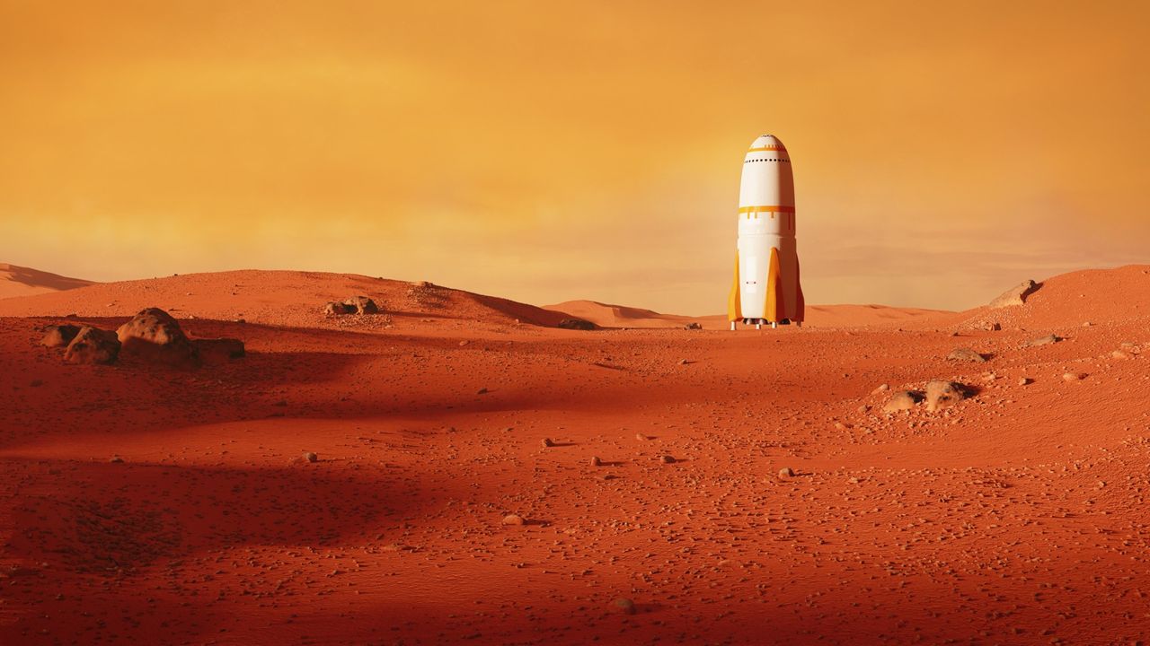 Landscape on planet Mars, rocket landing on the red planet