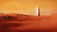 Landscape on planet Mars, rocket landing on the red planet