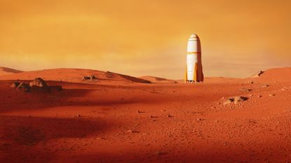 Landscape on planet Mars, rocket landing on the red planet