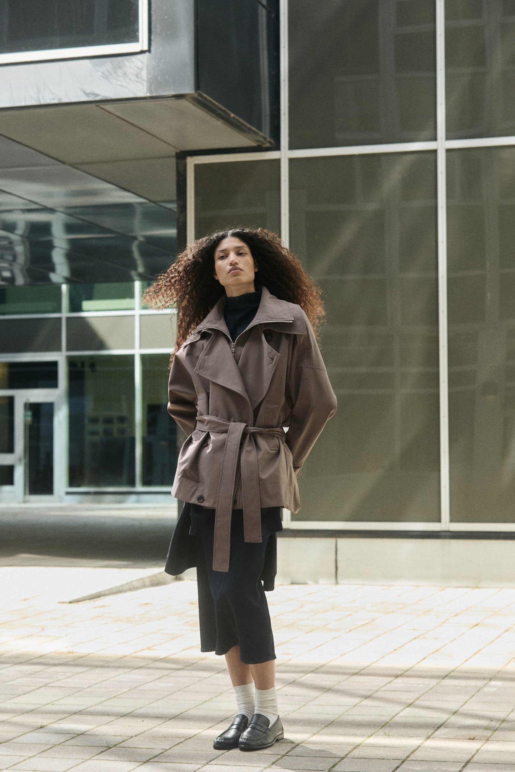 Short Funnel-Collar Trench Coat