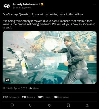 Remedy tweets that Quantum Break will be back on Game Pass