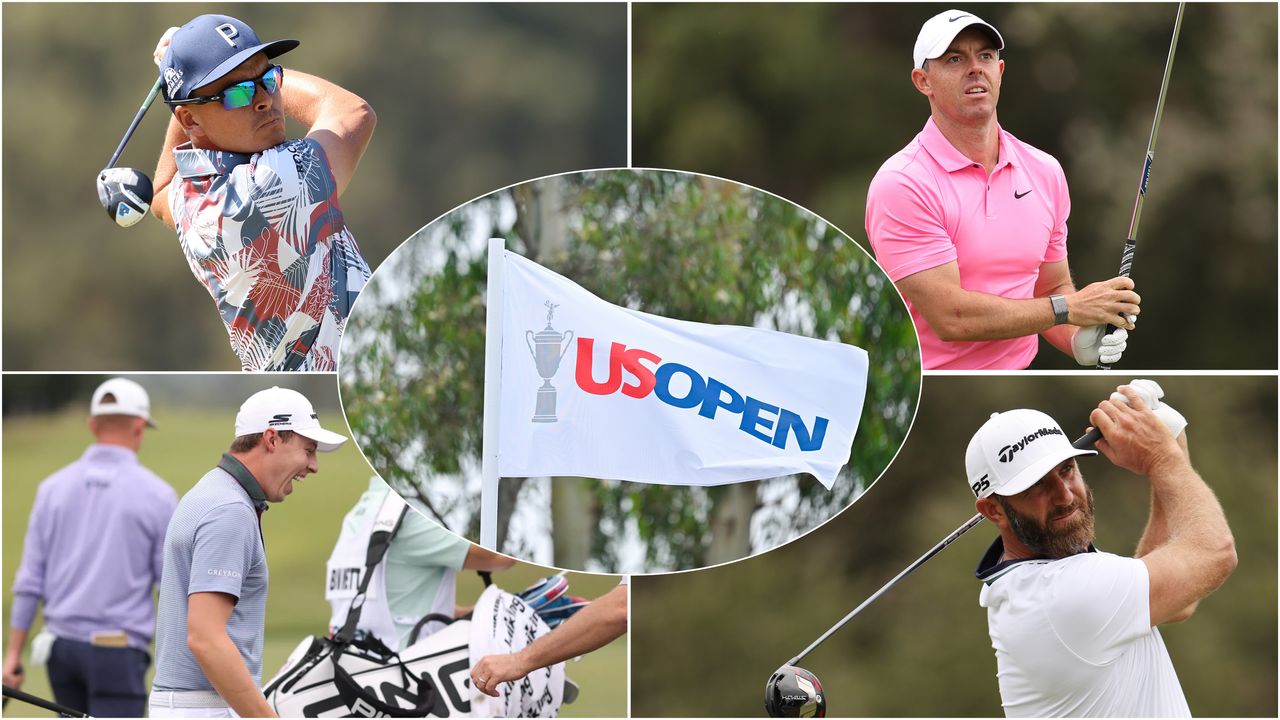 Four golfers and a US Open flag in a montage