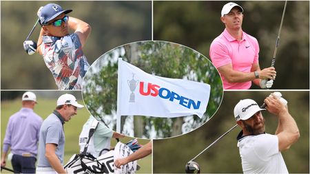 Four golfers and a US Open flag in a montage