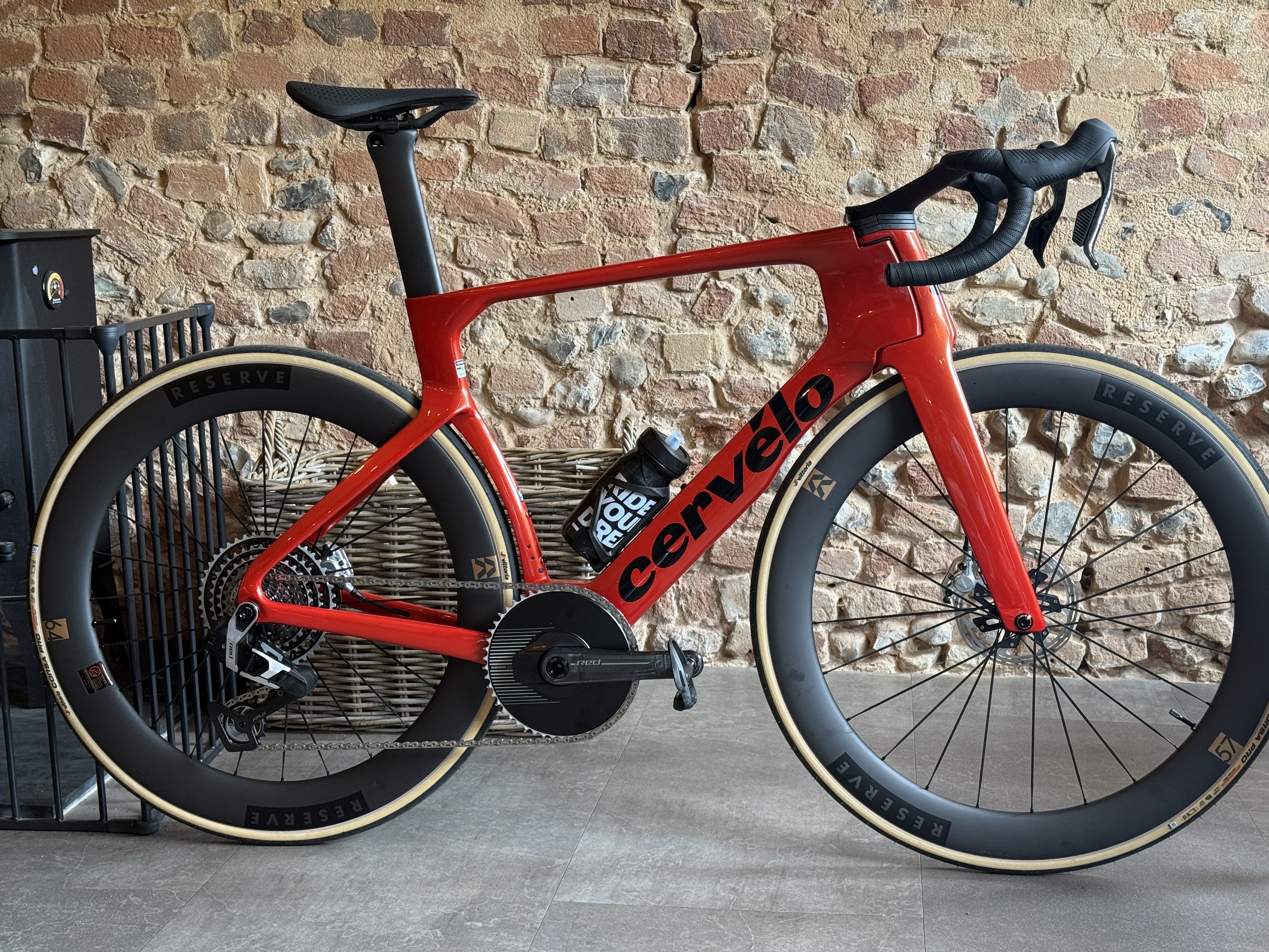 Various close up shots of the new Cervelo S5 aero road bike, shown in a cafe stop setting. 