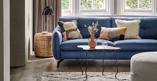 Living room with blue three seater sofa with a metal legged coffee table to show a color sofa trend 2023