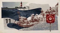 Photo collage of the sea, coast guard rescue, a life ring, and a lighthouse