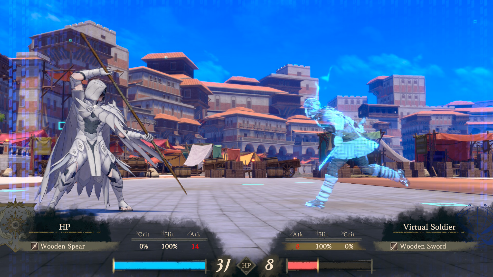 Protagonist battles a hologram in Fire Emblem: Fortune's Weave