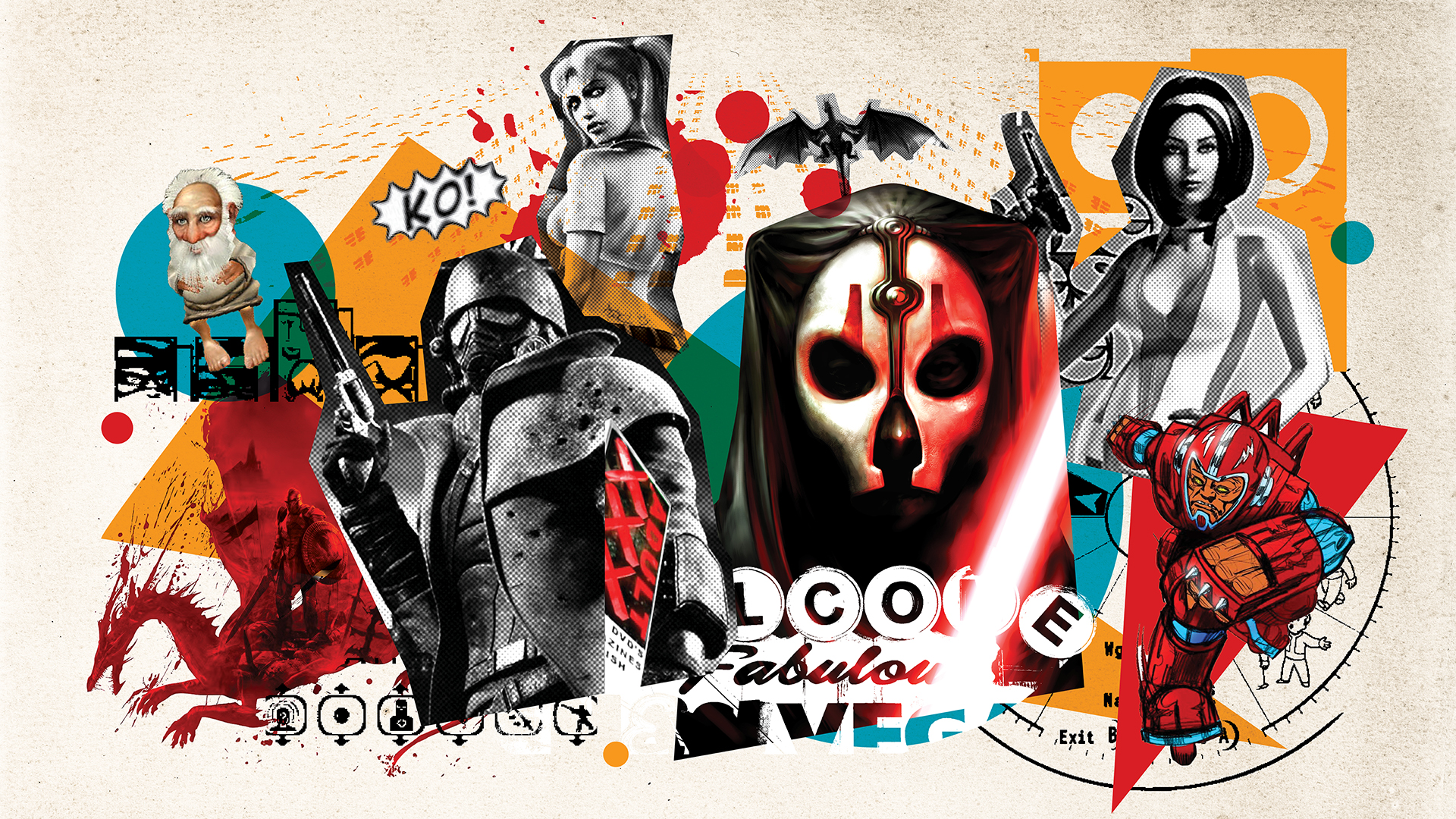 A collage of characters from Black &amp; White, Fallout: New Vegas, Vampire: The Masquerade - Bloodlines, Knights of the Old Republic 2, No One Lives Forever, Dragon Age: Origins, and Freedom Force. 
