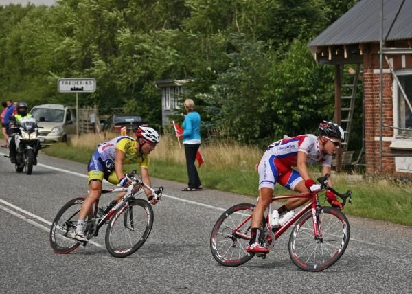 The two-man breakaway Thomas Riber Sellebjerg (Team Concordia Forsikring Himmerland) and Michael Tronborg Kristensen (Glud &amp; Marstrand - LRO Radgivning)