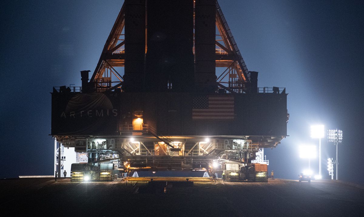 close up of artemis 1 on crawler