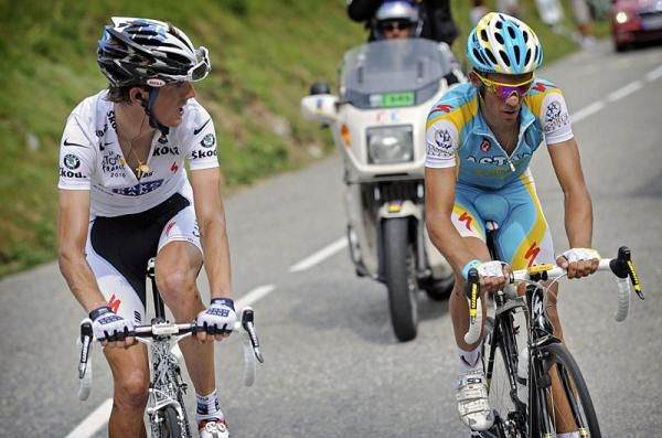 Andy Schleck (Saxo Bank) has a word with Tour rival Alberto Contador (Astana) as the duo put time into all the other GC contenders.