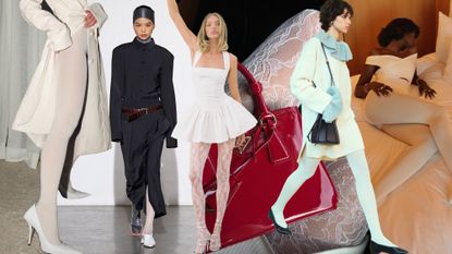 A collage of runway images and Instagram photos of people wearing white tights.