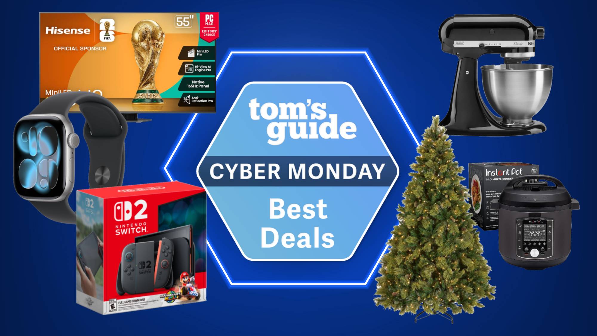 Compilation showing Hisense TV, Apple Watch, Nintendo Switch 2, KitchenAid stand mixer, National Tree Company pre-lit Christmas tree, Instant Pot.